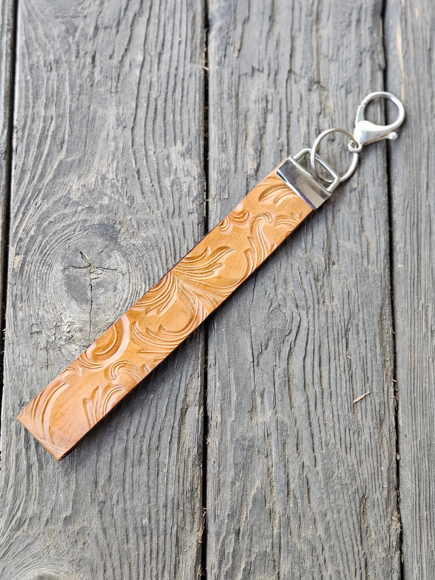 Saddle Tan Embossed Veg Tan Leather Wristlet Strap