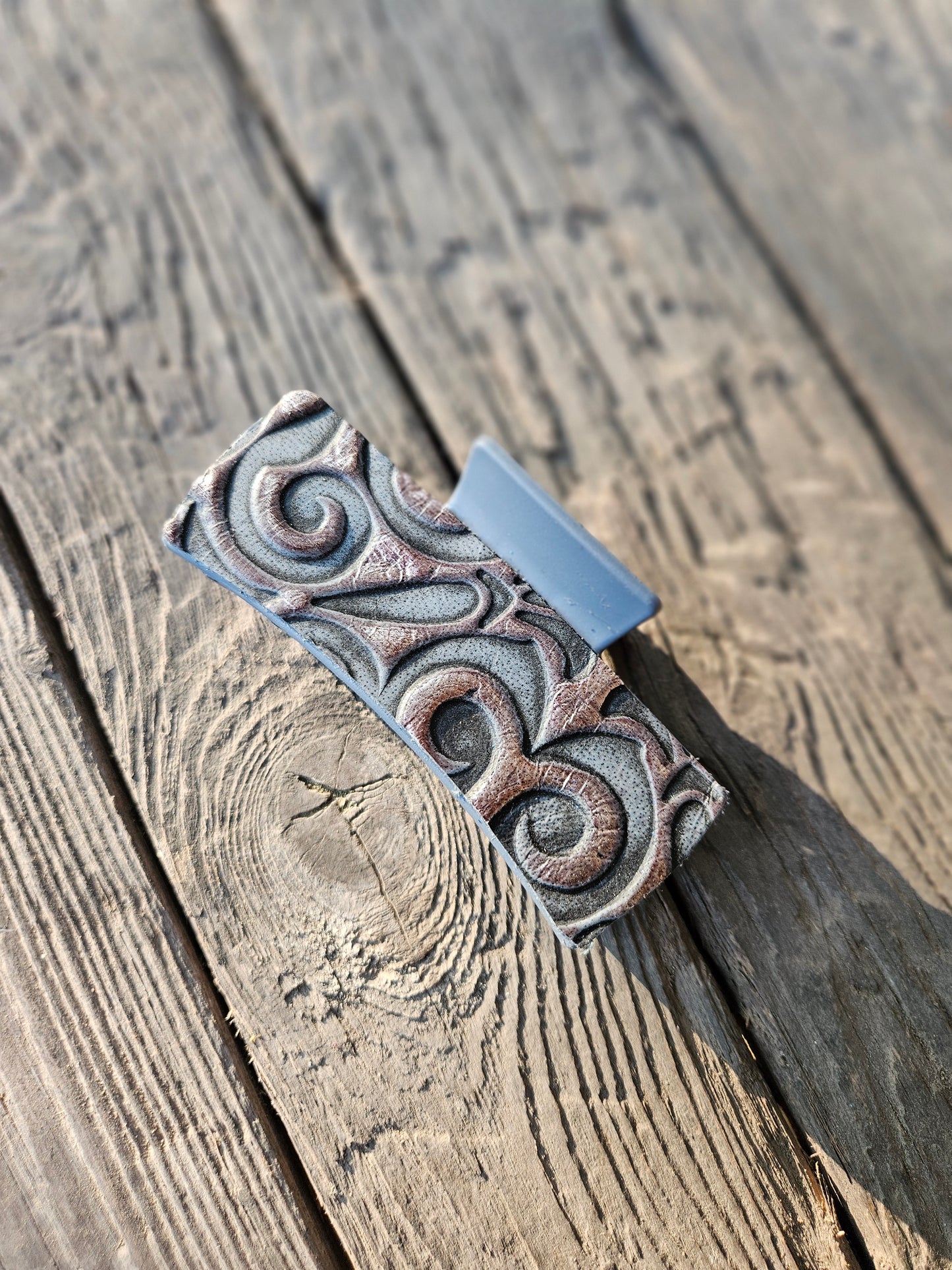 Dark Gray and Brown Embossed Leather Hair Clip