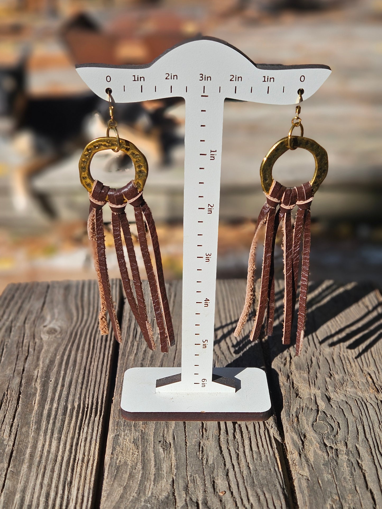 Gold Circle with Dark Brown Leather Fringe Earrings