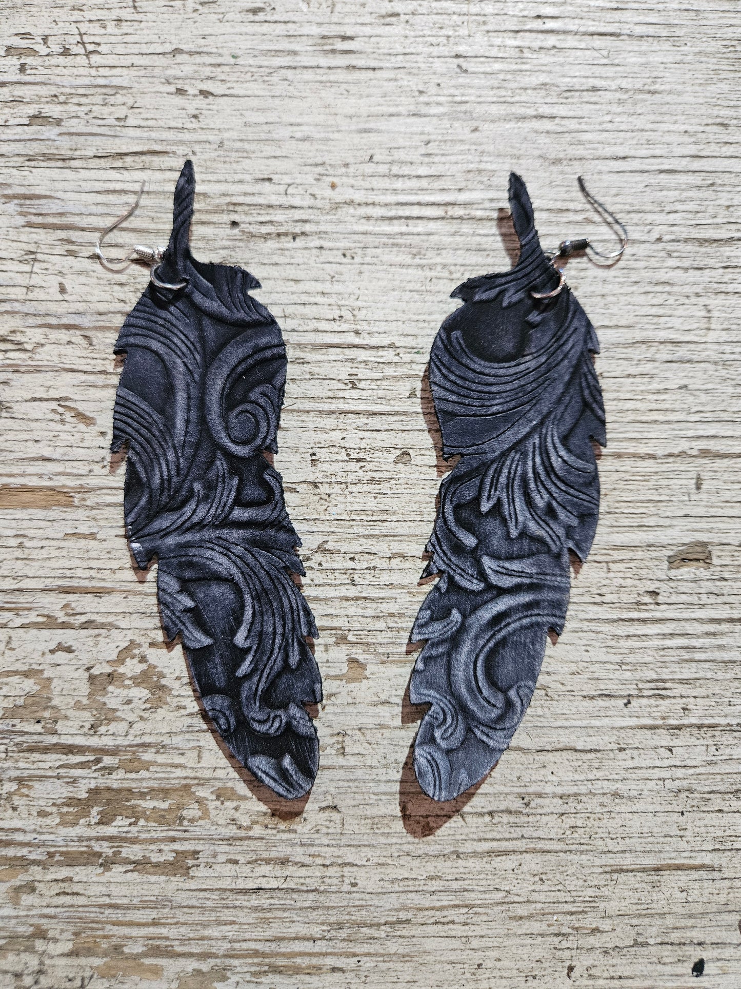Western Embossed Black Leather Earrings