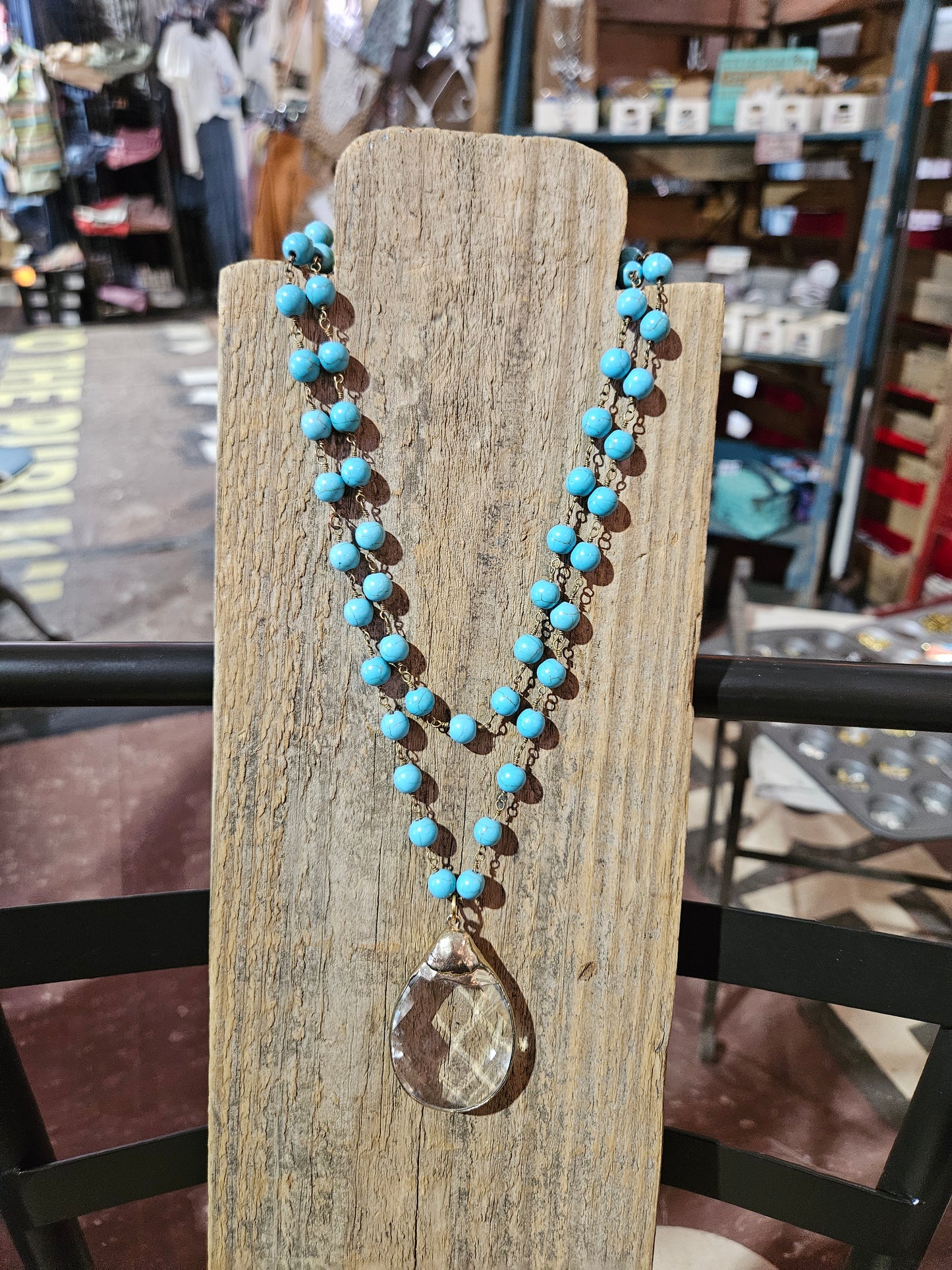 Turquoise Magnesite & Crystal Teardrop Pendant Necklace