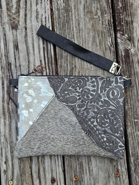 Triple Pattern Leather and Cowhide Wristlet Purse
