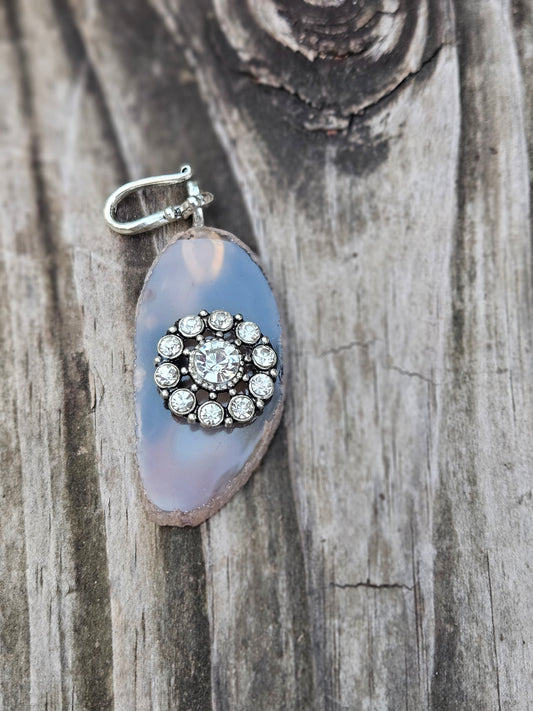 Translucent Brown/Gray Agate Stone with Rhinestone Center Pendant