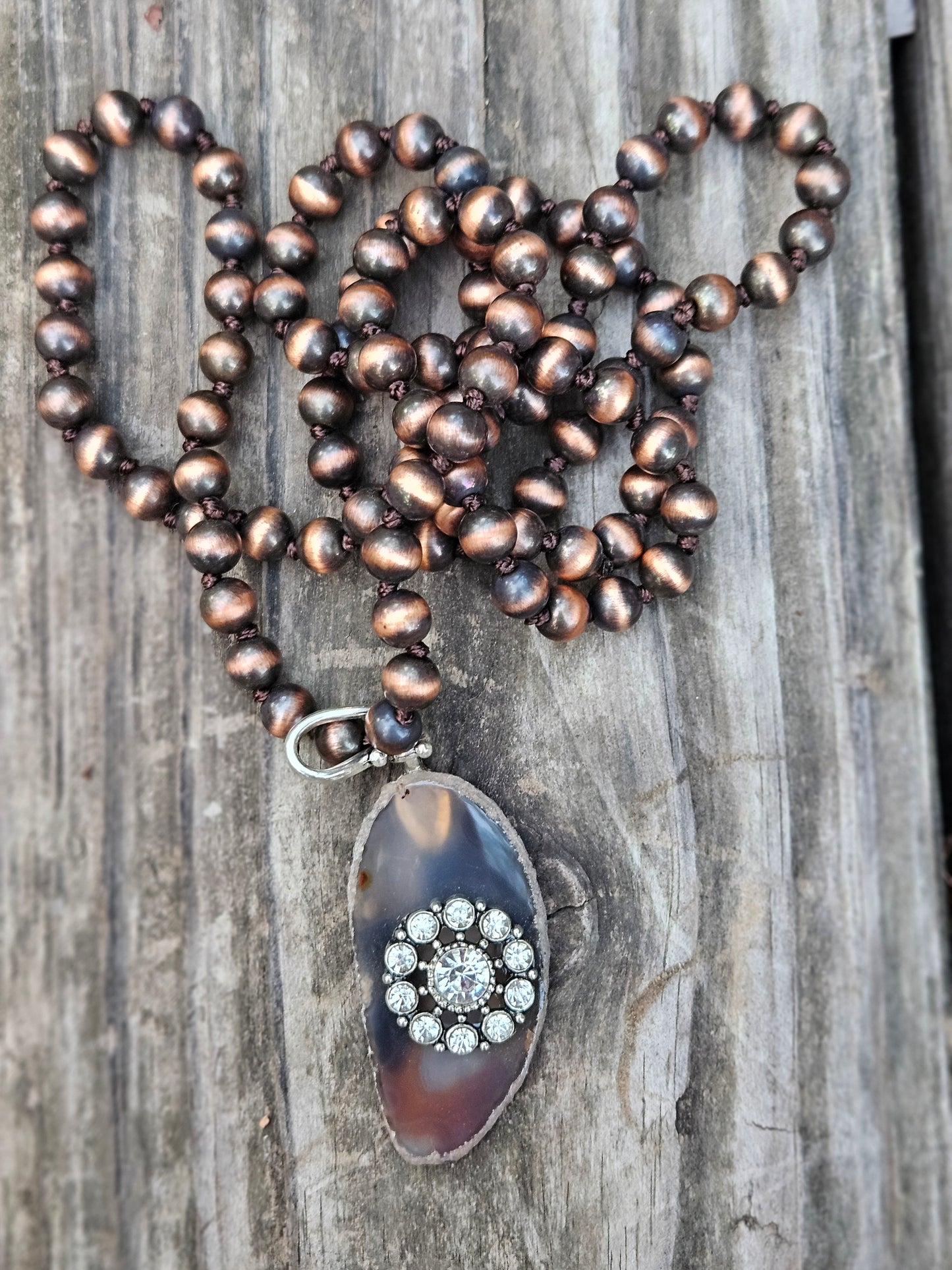 Translucent Brown/Gray Agate Stone with Rhinestone Center Pendant