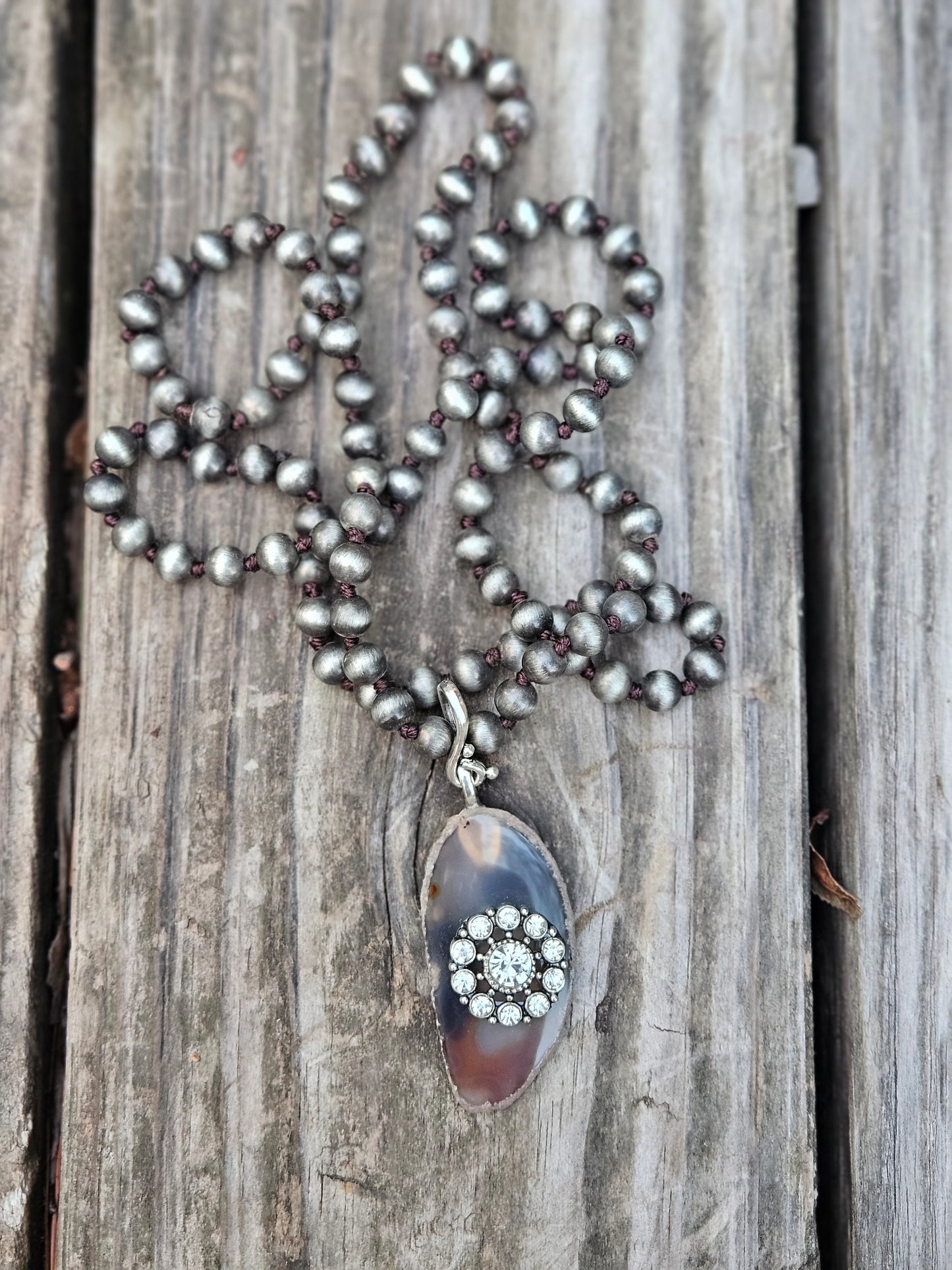 Translucent Brown/Gray Agate Stone with Rhinestone Center Pendant