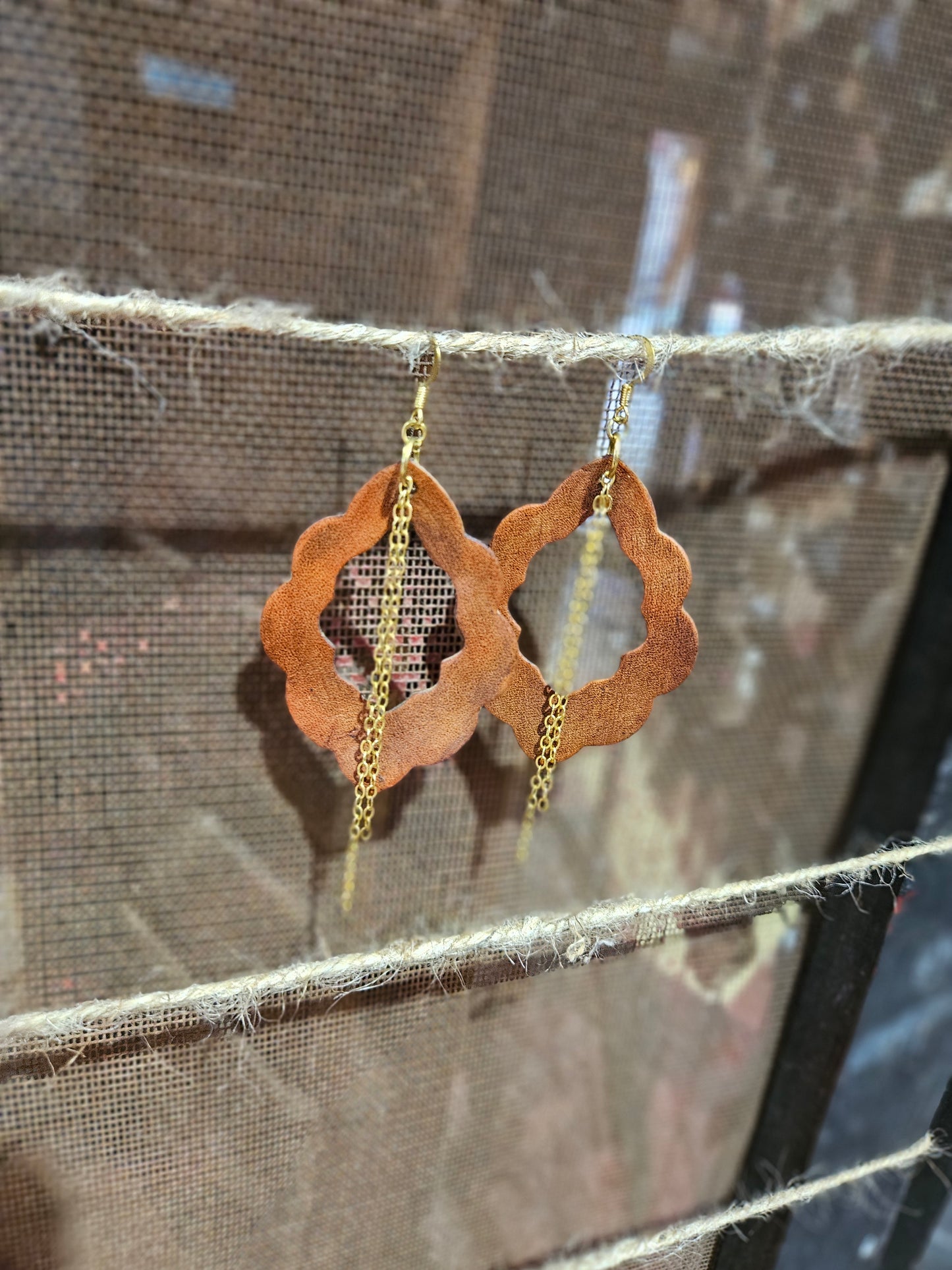 Scalloped Brown Leather Chain Earrings