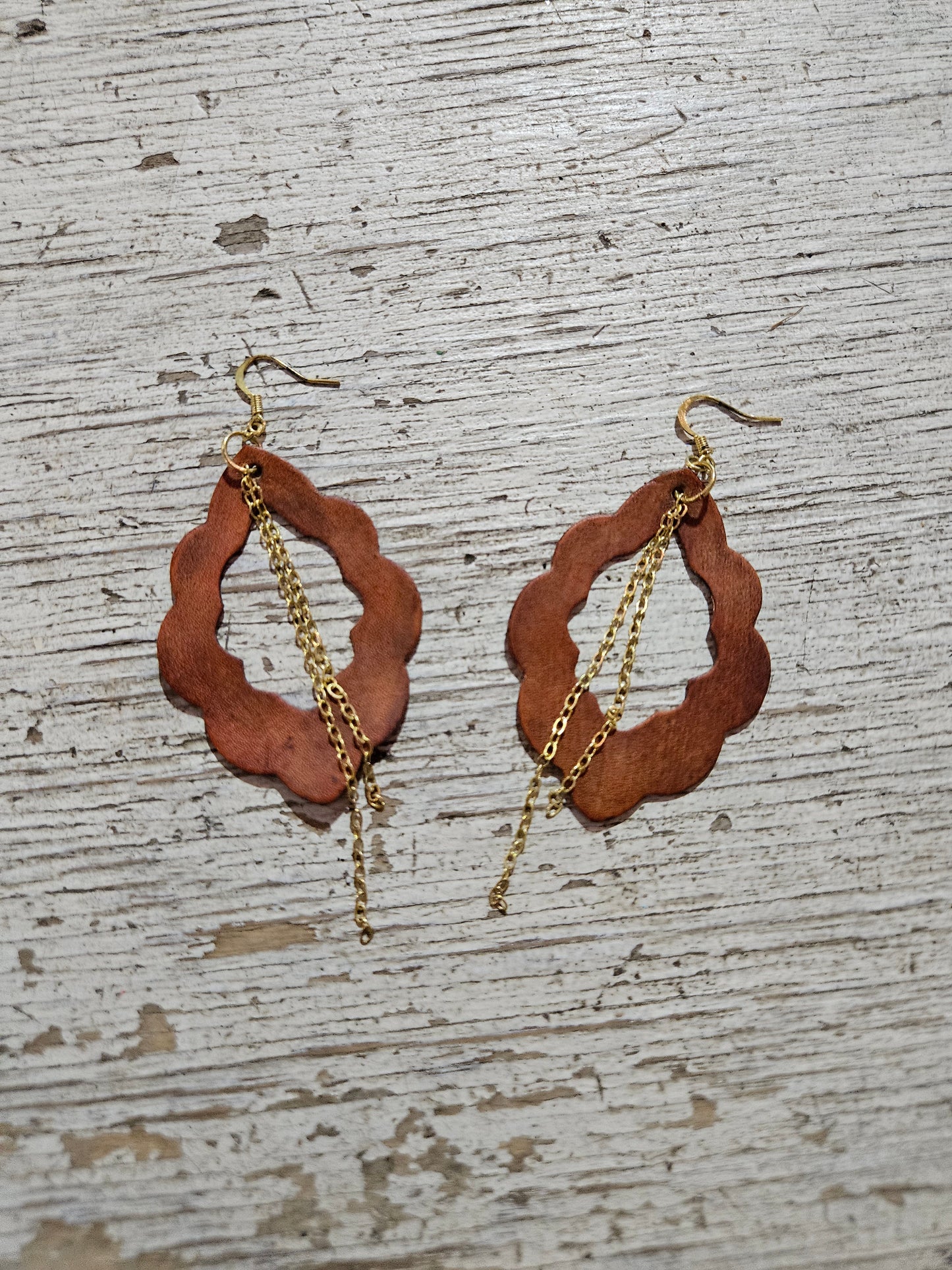 Scalloped Brown Leather Chain Earrings