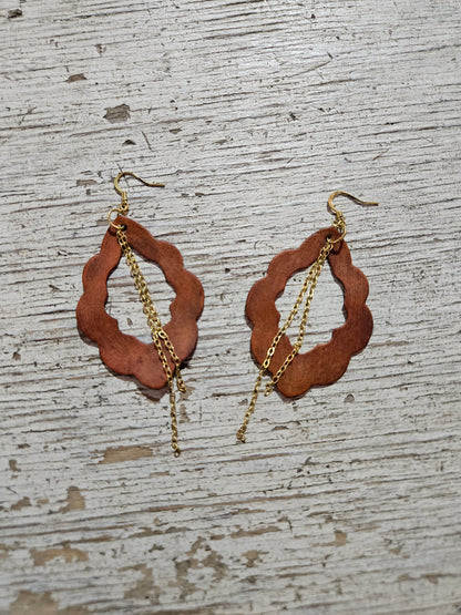 Scalloped Brown Leather Chain Earrings