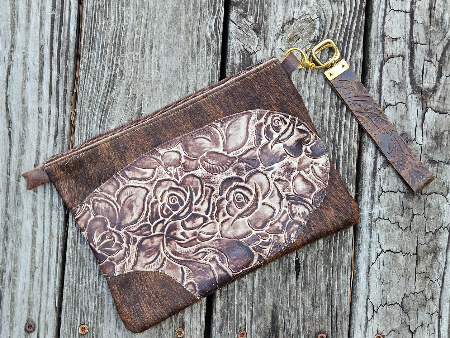 Brown Rose Embossed Leather Wristlet Purse