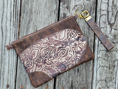 Brown Rose Embossed Leather Wristlet Purse