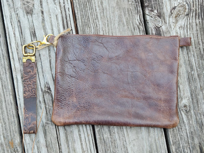 Brown Rose Embossed Leather Wristlet Purse