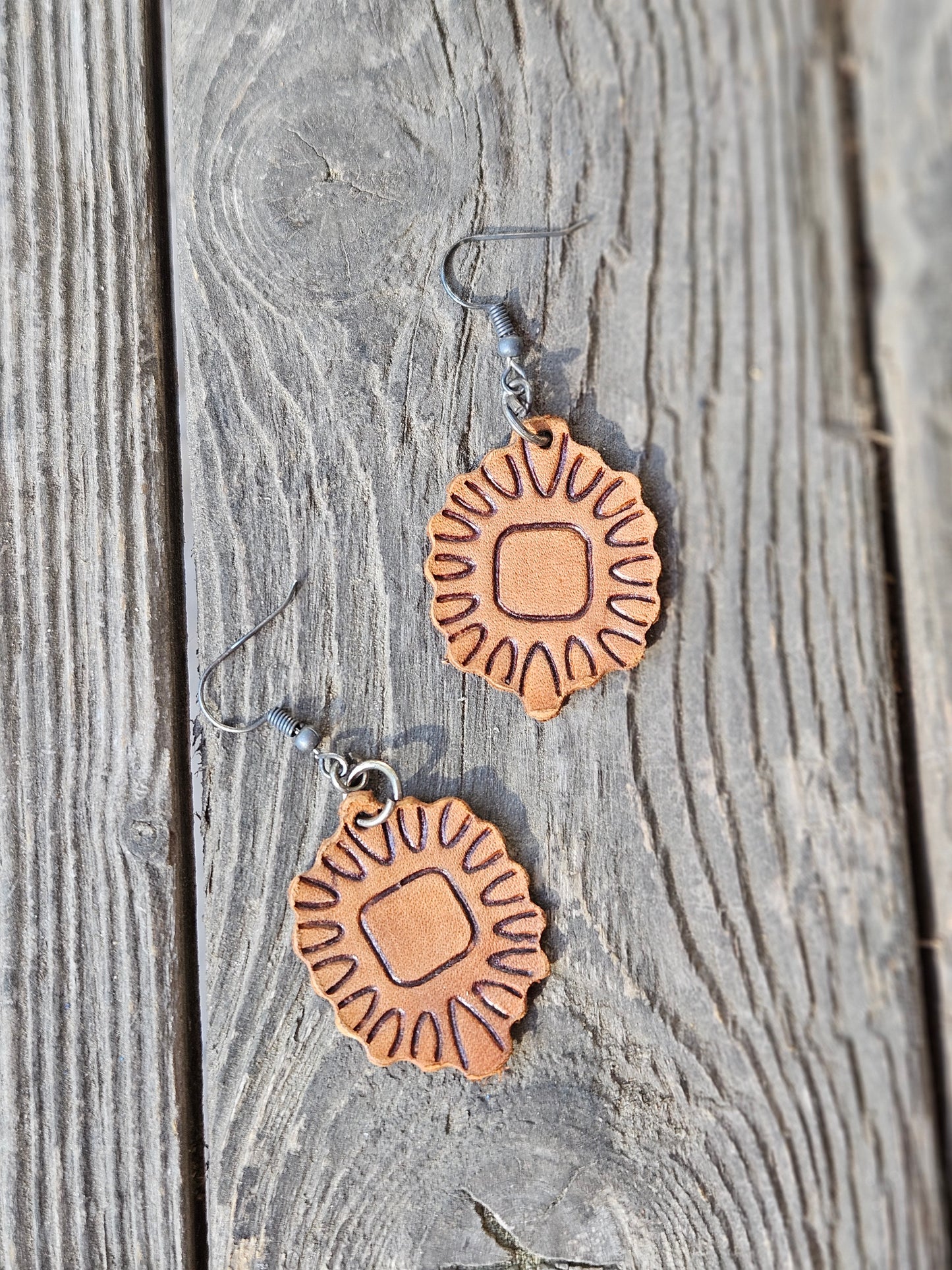 Brown Leather Earrings with Dark Accent Jewel Style Embossed