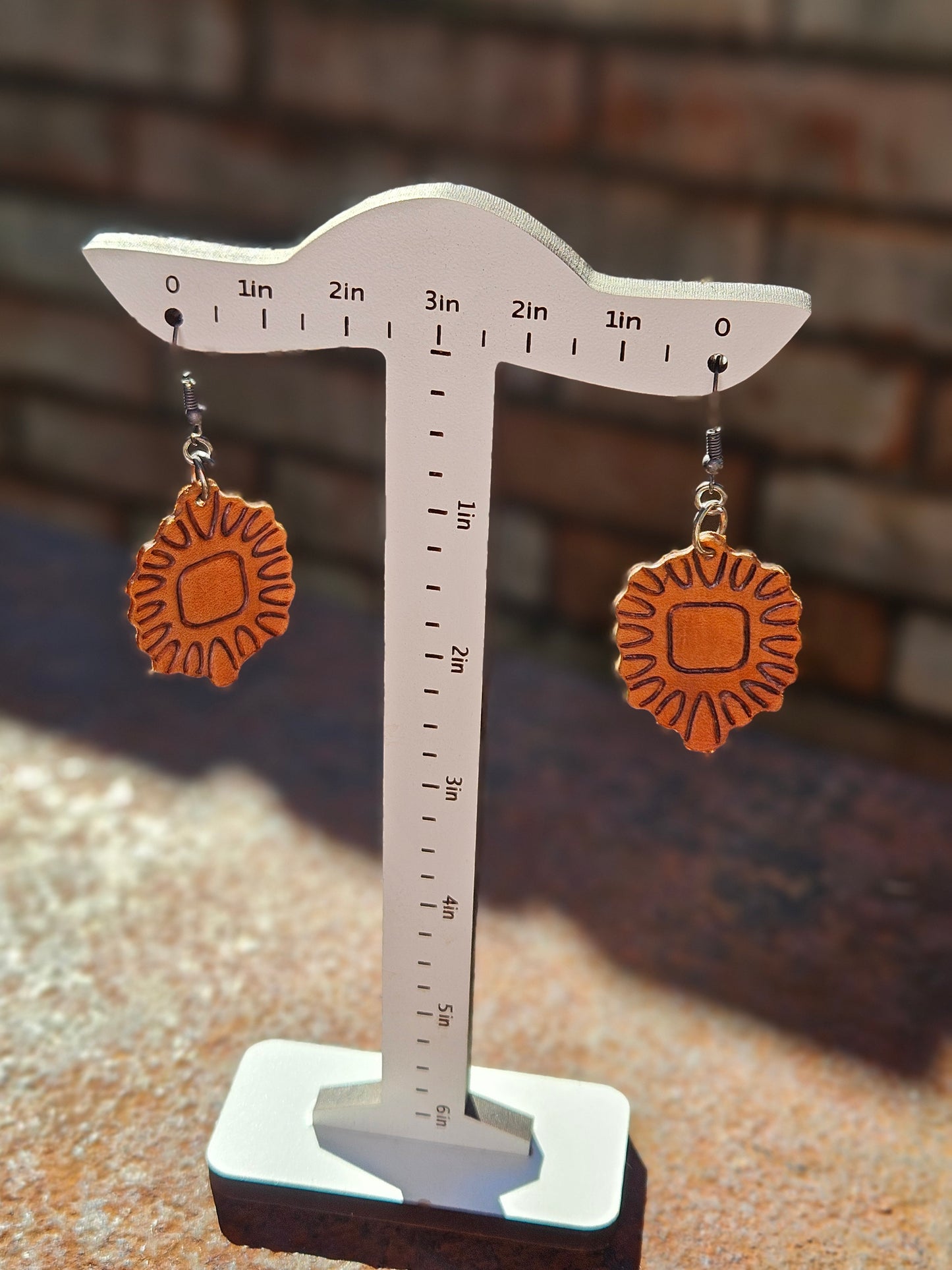 Brown Leather Earrings with Dark Accent Jewel Style Embossed