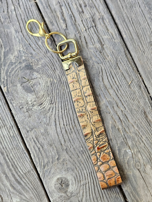Brown and Tan Gator Embossed Leather Wristlet Strap