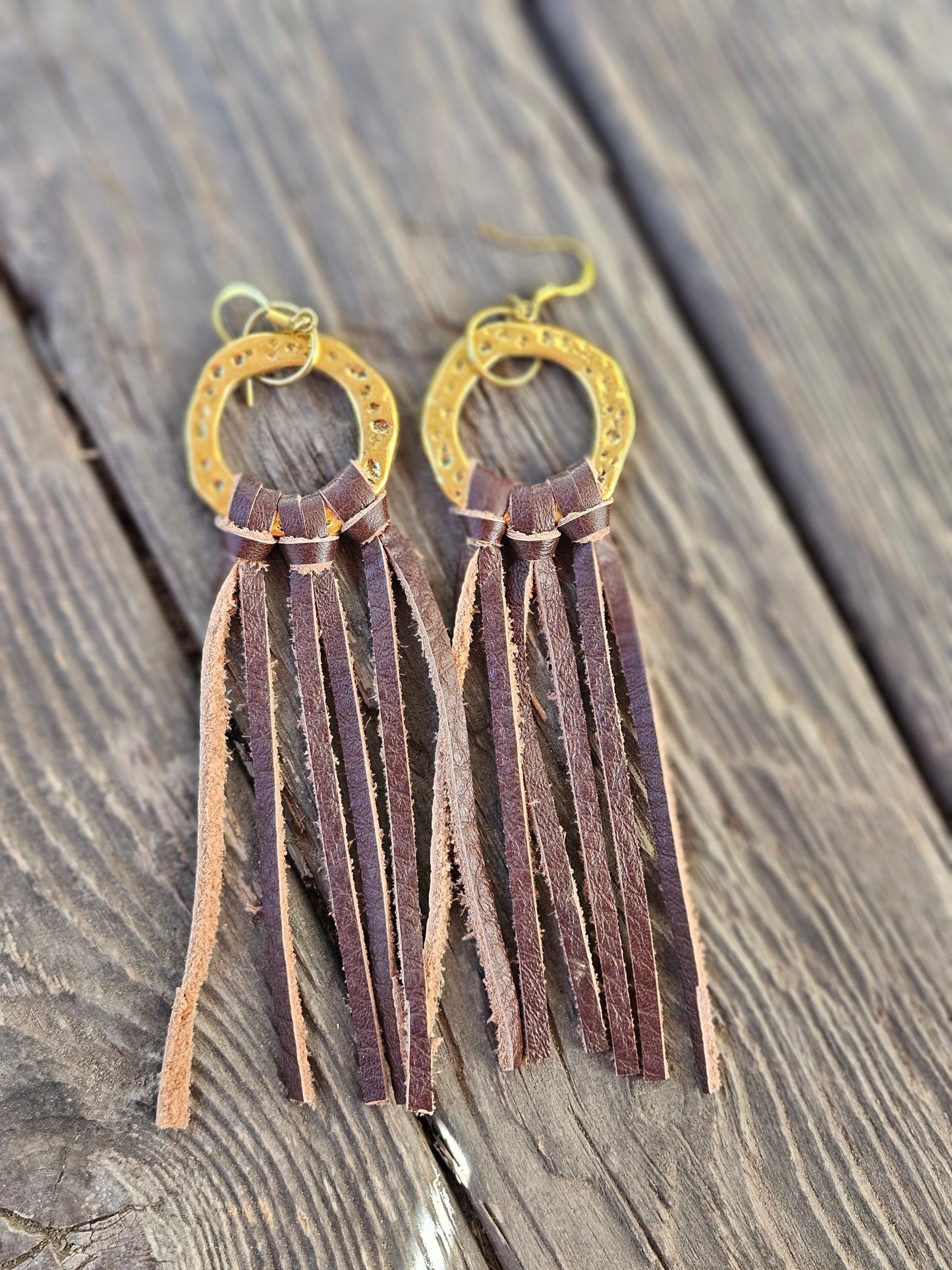 Gold Circle with Dark Brown Leather Fringe Earrings