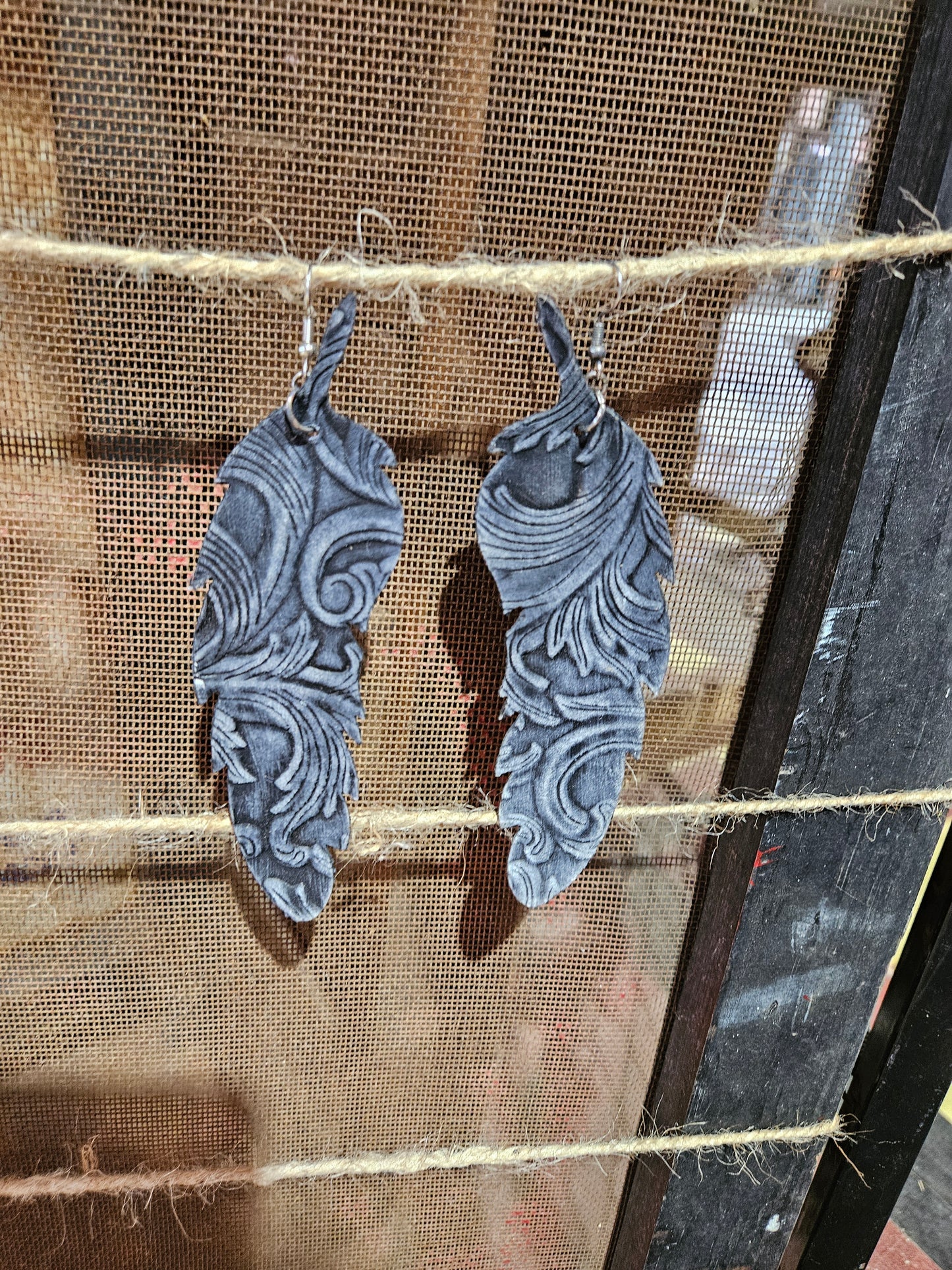 Western Embossed Black Leather Earrings