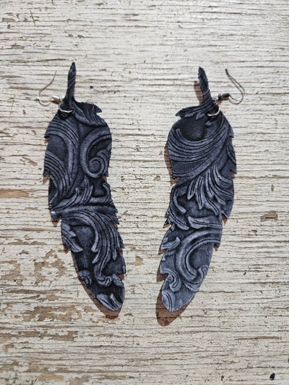 Western Embossed Black Leather Earrings