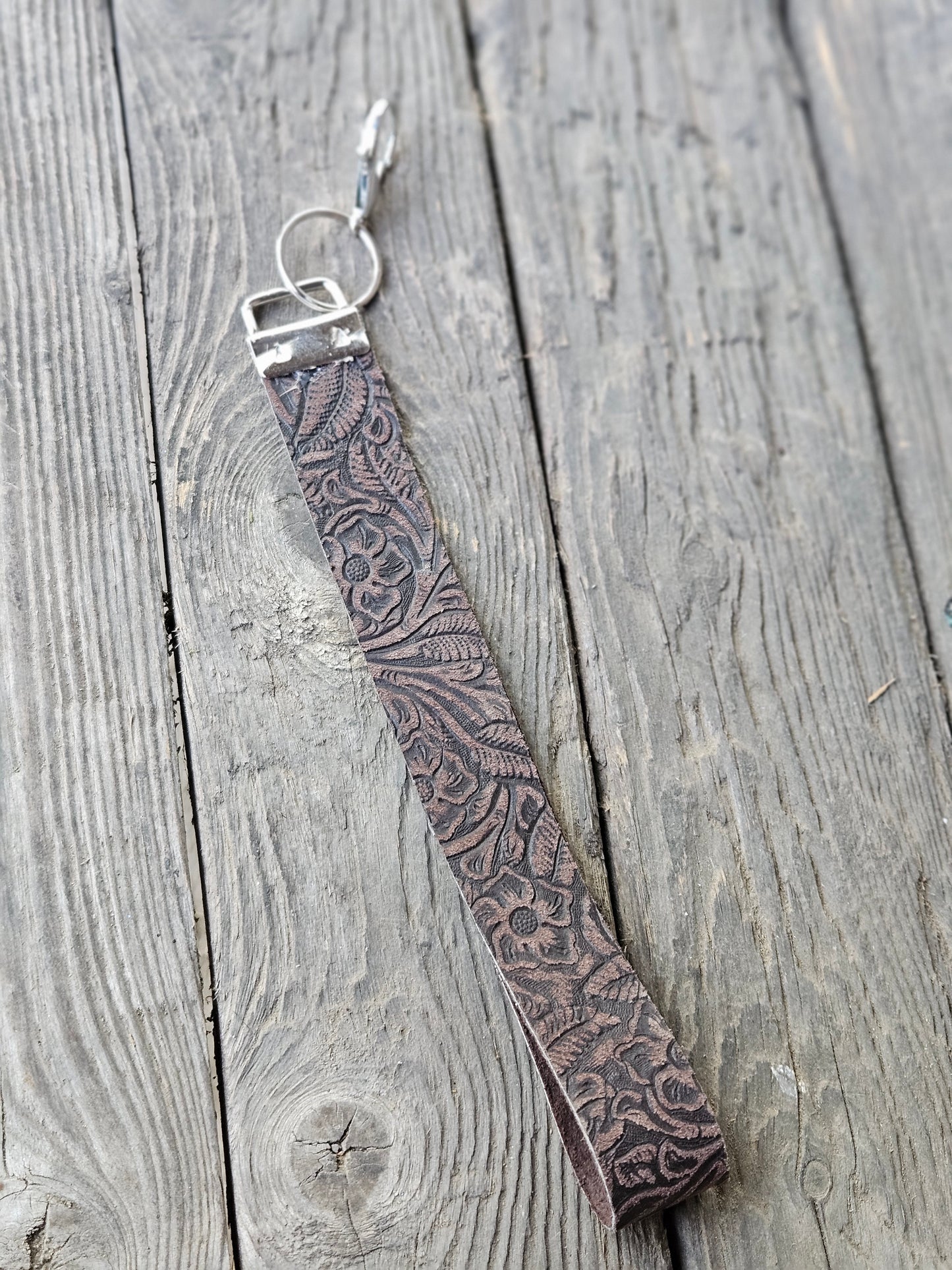 Dark Brown Floral Embossed Leather Wristlet Strap