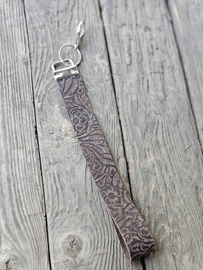 Dark Brown Floral Embossed Leather Wristlet Strap