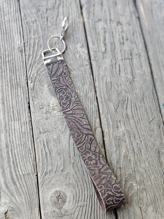 Dark Brown Floral Embossed Leather Wristlet Strap
