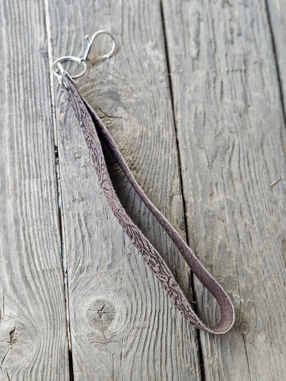 Dark Brown Floral Embossed Leather Wristlet Strap