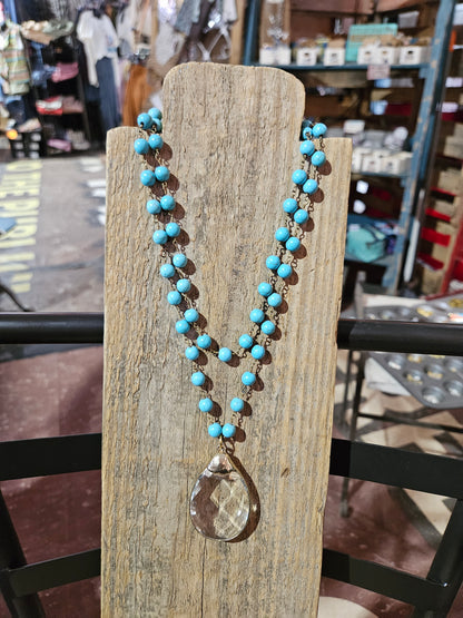 Turquoise Magnesite & Crystal Teardrop Pendant Necklace