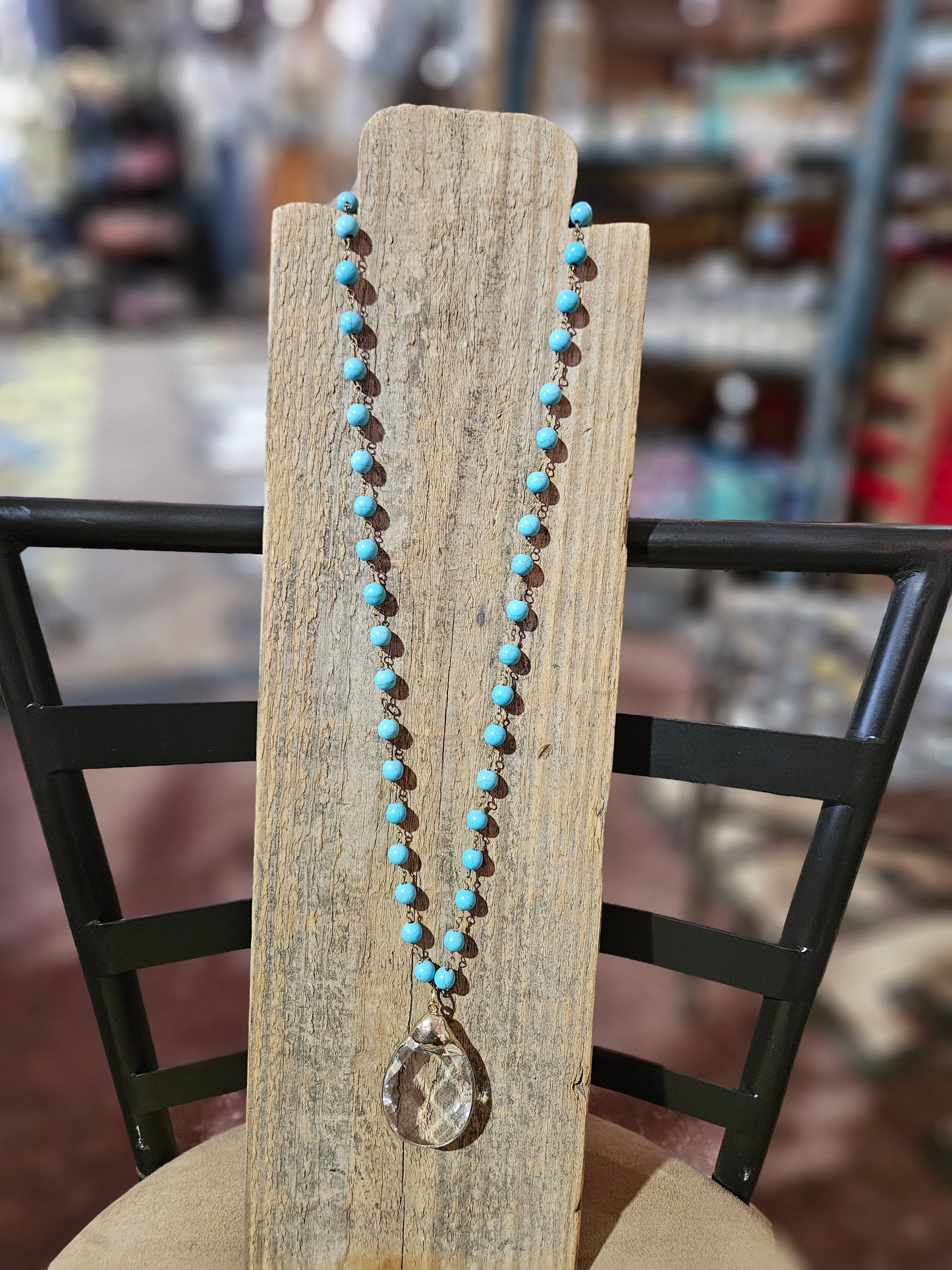 Turquoise Magnesite & Crystal Teardrop Pendant Necklace
