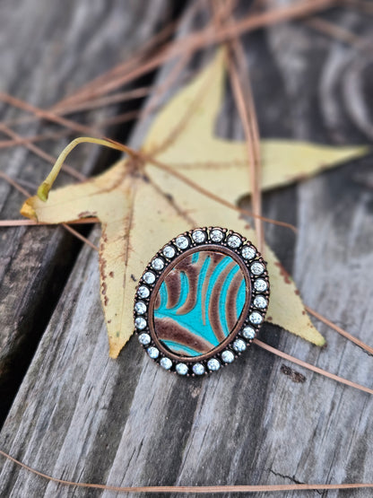 Turquoise and Brown Embossed Leather Ring