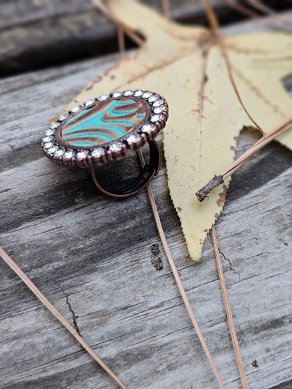 Turquoise and Brown Embossed Leather Ring