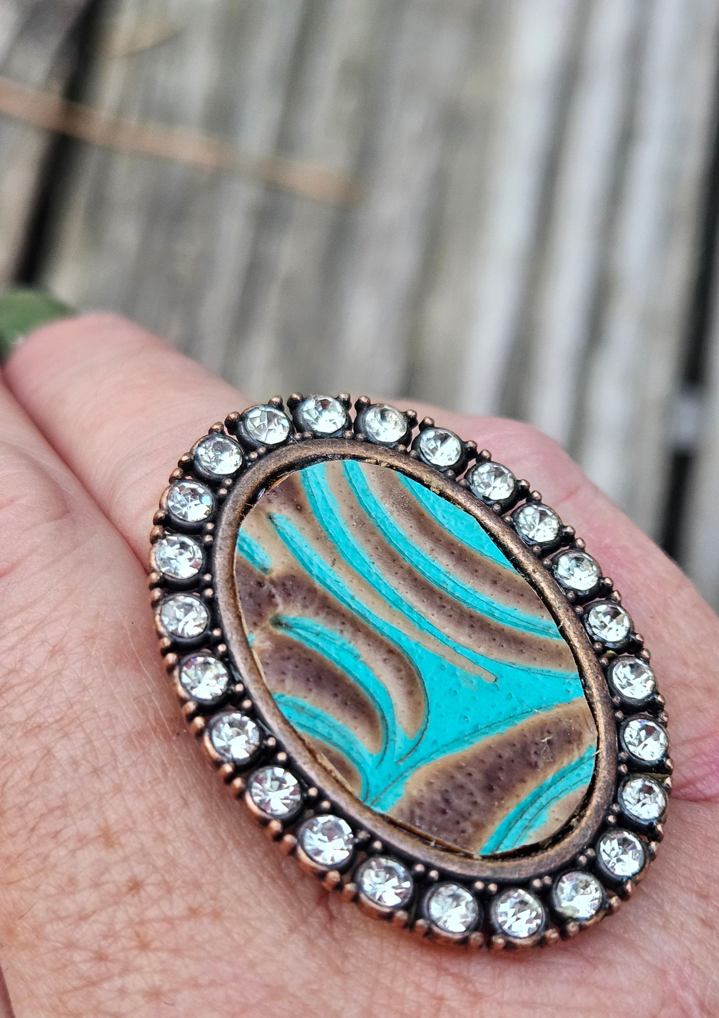 Turquoise and Brown Embossed Leather Ring