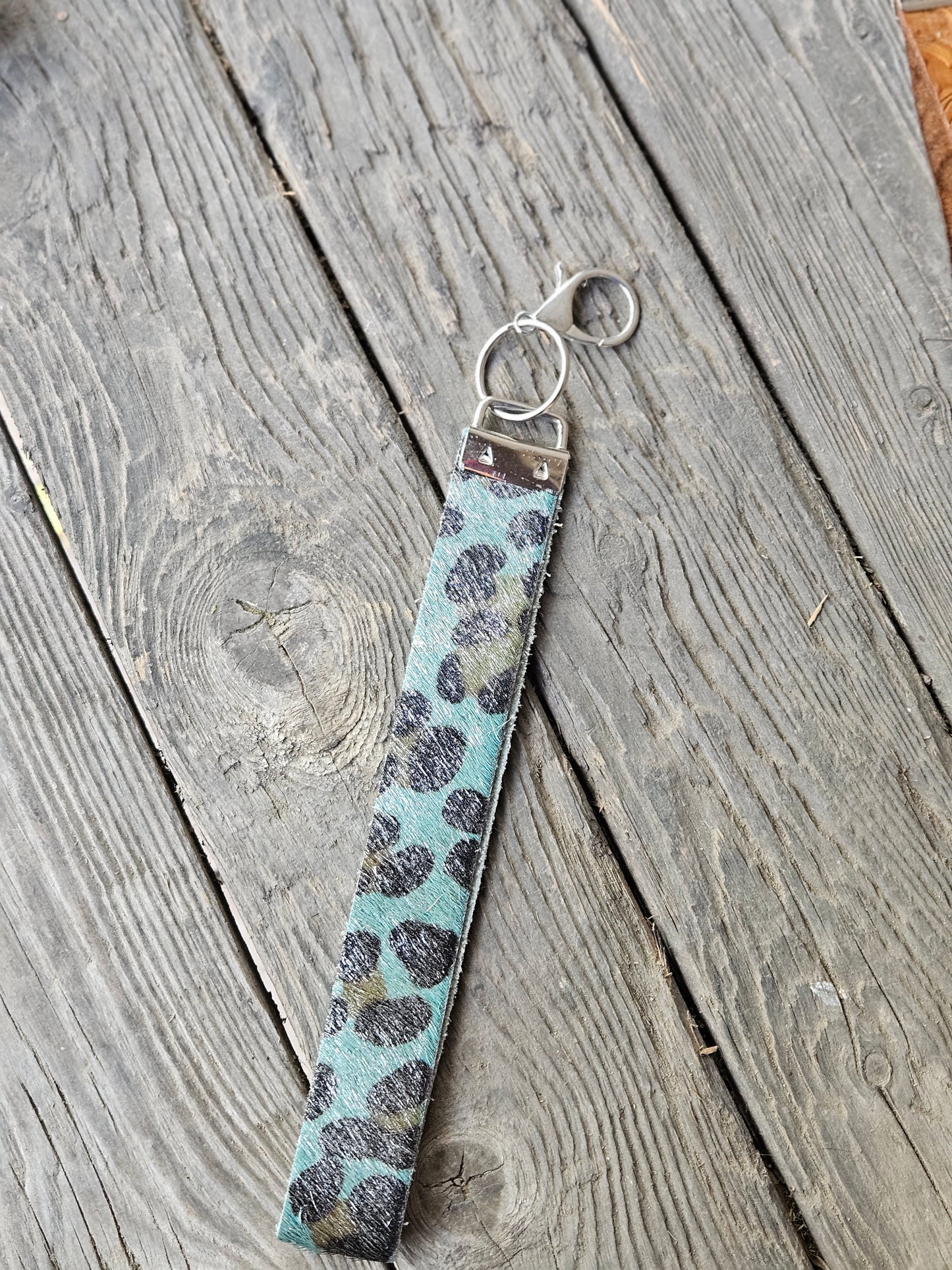 Turquoise Leopard Printed Cowhide Wristlet Strap