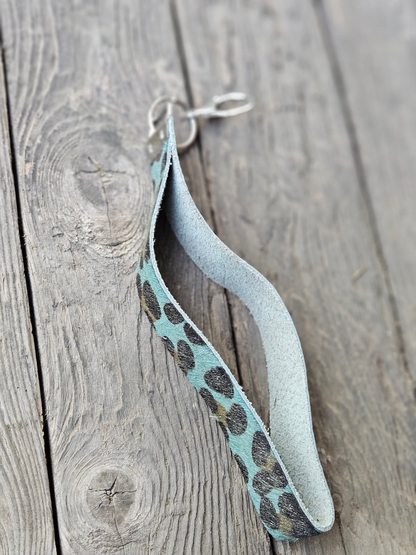 Turquoise Leopard Printed Cowhide Wristlet Strap