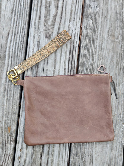 Turquoise and Brown Embossed Leather Wristlet Purse