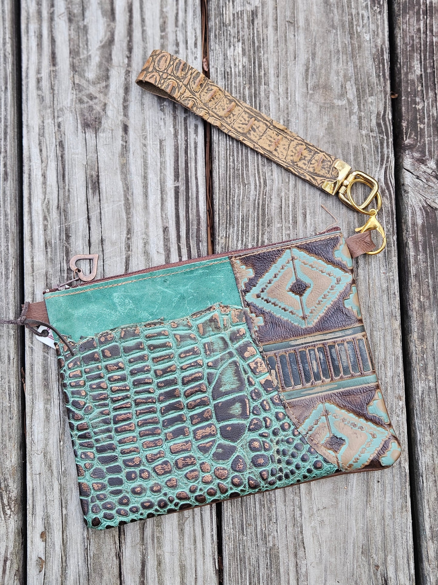 Turquoise and Brown Embossed Leather Wristlet Purse