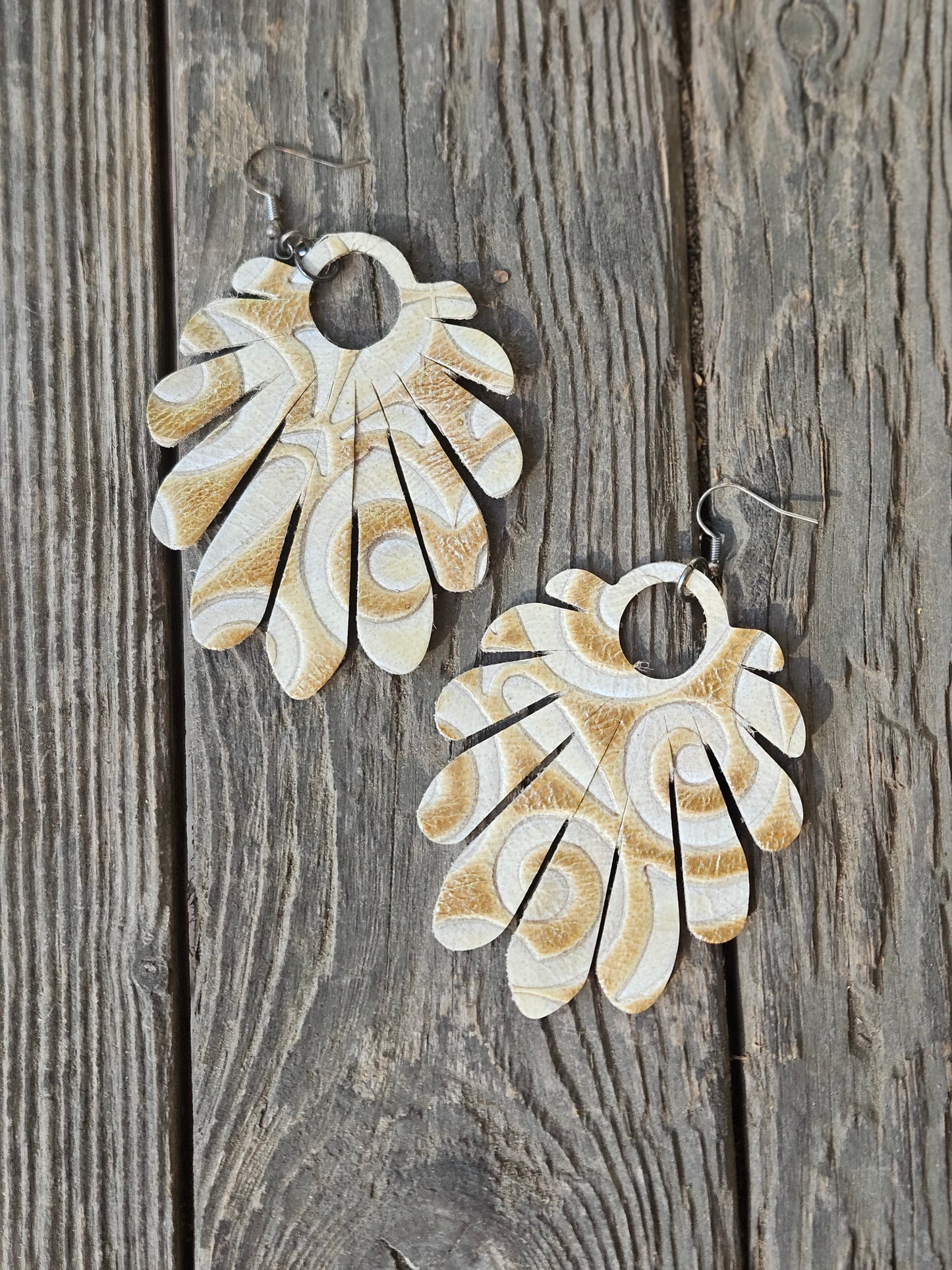 White and Metallic Gold Embossed Leather Earrings