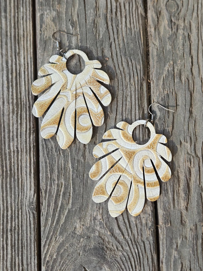 White and Metallic Gold Embossed Leather Earrings