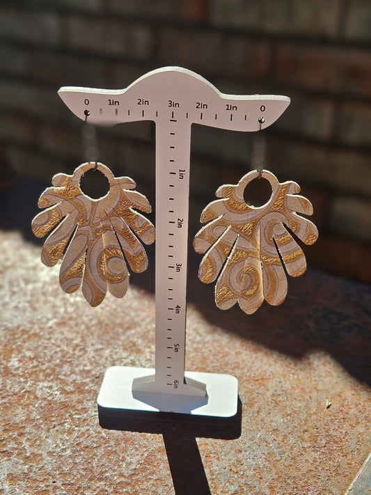 White and Metallic Gold Embossed Leather Earrings