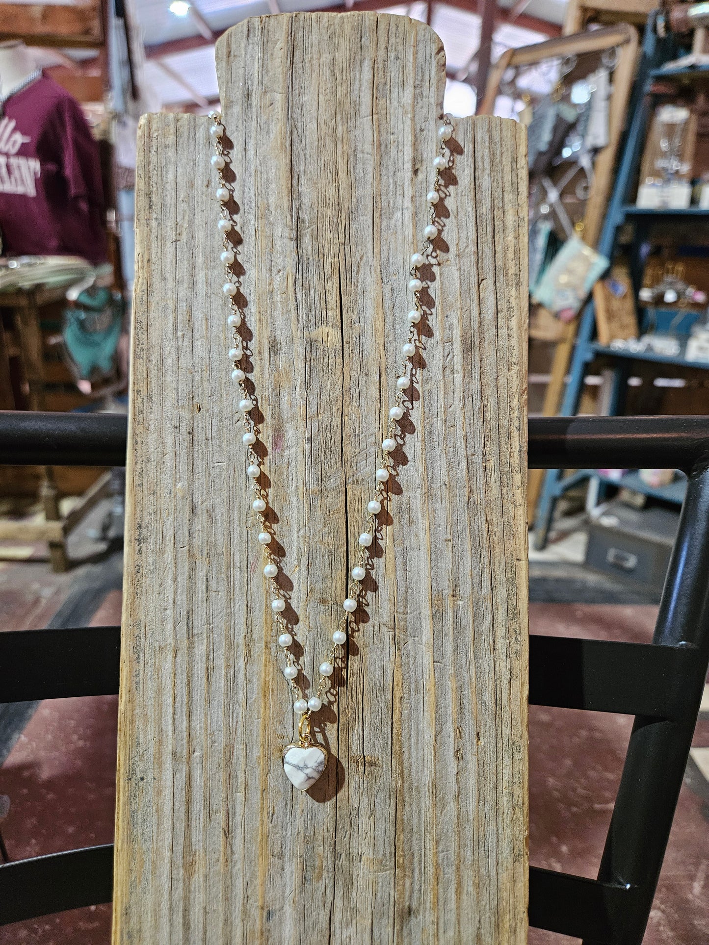 White Howlite Heart & Pearl Necklace